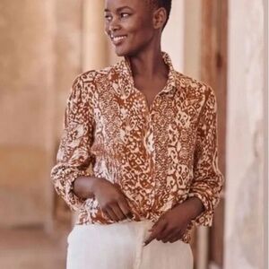 🍂 Garnet Hill 100% Linen Rust Ikat Print Top • Women’s Size 12